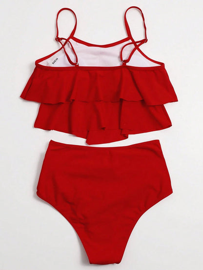 Elavelle Summer Beach Solid Tankini Set Hanky Hem Flowy Cami Top & Ruched High Waisted Bottom 2 Piece Bathing Suit