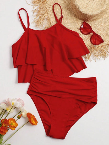 Elavelle Summer Beach Solid Tankini Set Hanky Hem Flowy Cami Top & Ruched High Waisted Bottom 2 Piece Bathing Suit