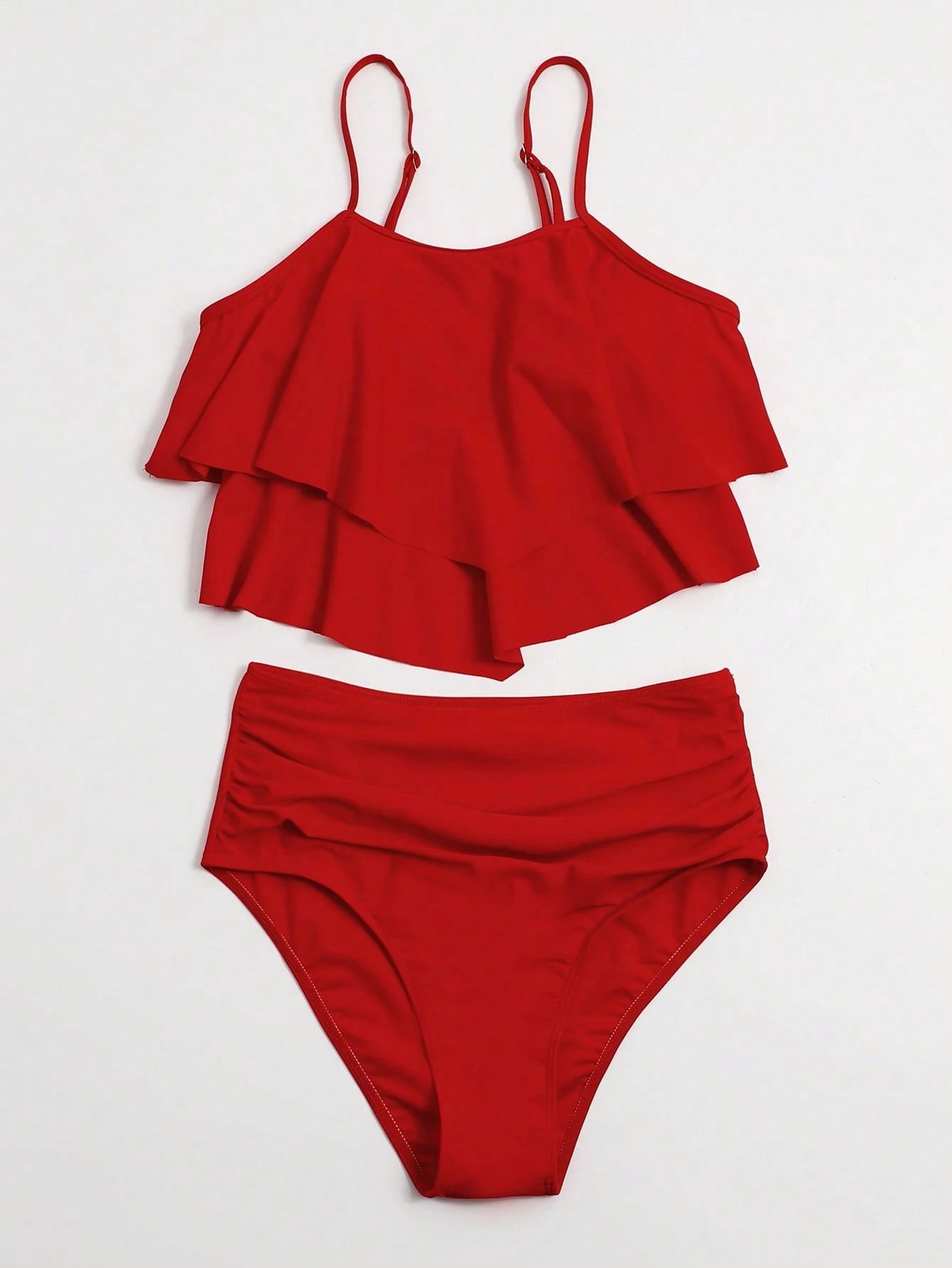 Elavelle Summer Beach Solid Tankini Set Hanky Hem Flowy Cami Top & Ruched High Waisted Bottom 2 Piece Bathing Suit