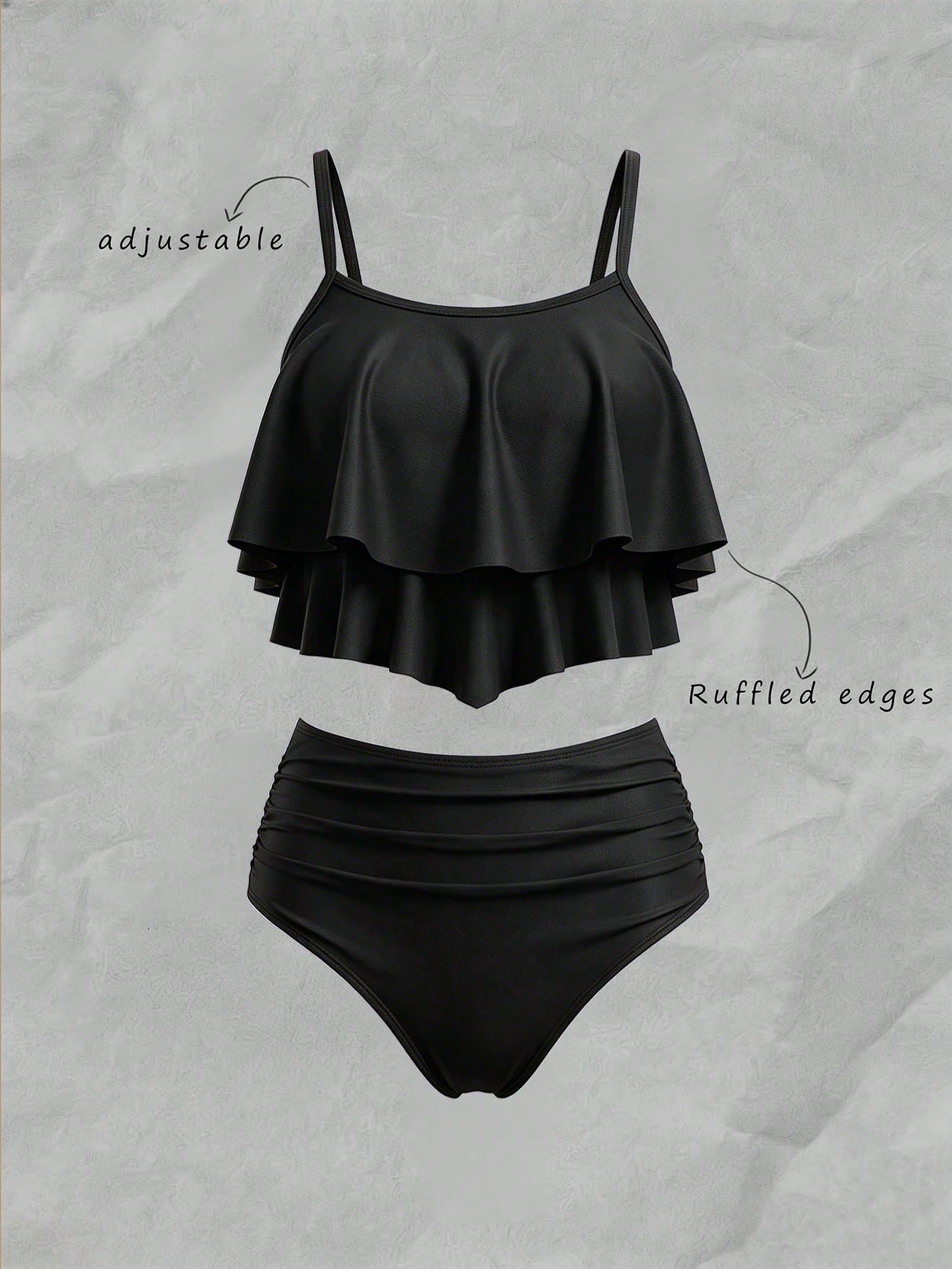 Elavelle Summer Beach Solid Tankini Set Hanky Hem Flowy Cami Top & Ruched High Waisted Bottom 2 Piece Bathing Suit