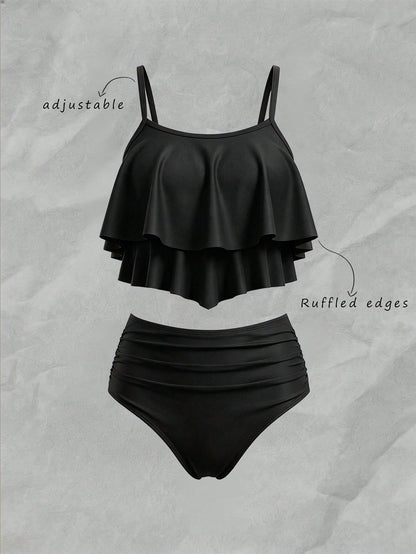 Elavelle Summer Beach Solid Tankini Set Hanky Hem Flowy Cami Top & Ruched High Waisted Bottom 2 Piece Bathing Suit