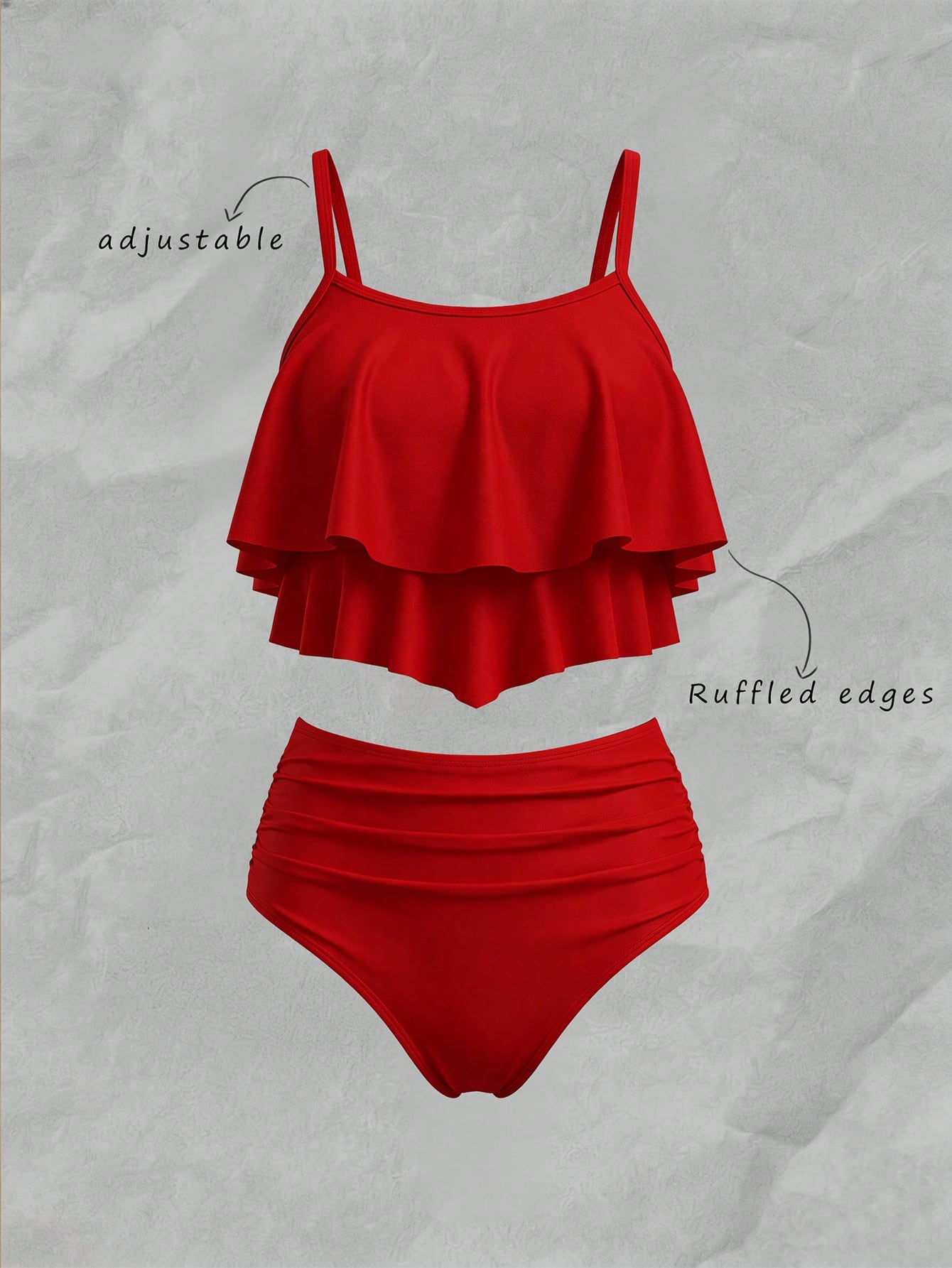 Elavelle Summer Beach Solid Tankini Set Hanky Hem Flowy Cami Top & Ruched High Waisted Bottom 2 Piece Bathing Suit