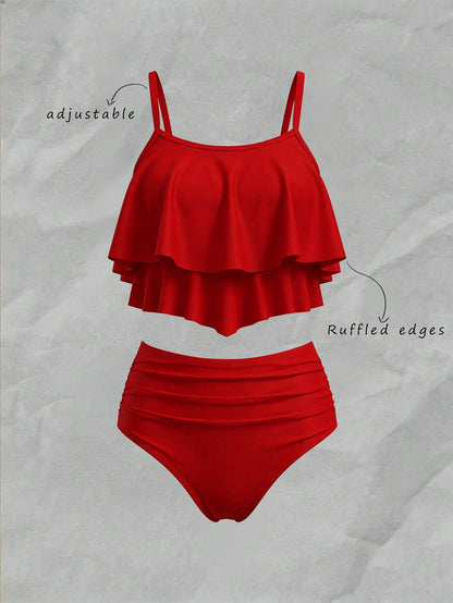 Elavelle Summer Beach Solid Tankini Set Hanky Hem Flowy Cami Top & Ruched High Waisted Bottom 2 Piece Bathing Suit