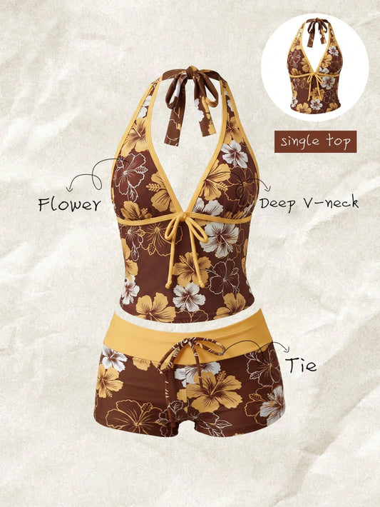 Elavelle Women's Random Print Spaghetti Strap Bow Tie Camisole Bikini Top, Spring/Summer