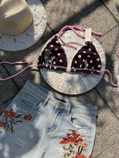 Elavelle Women's Spring/Summer Random Print Halter Bikini Top