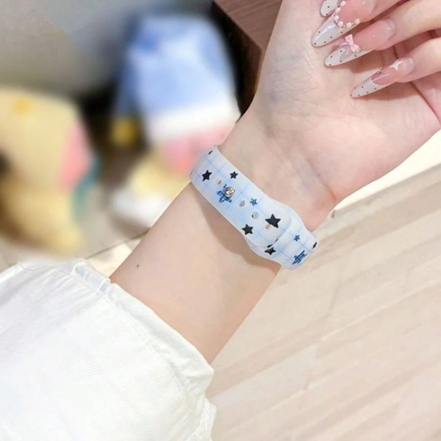 Elegant & Beautiful Multifunctional Durable Creative Sweet Cool Star Pattern Single-Pin Silicone Watch Band, Asymmetrical Shape, Compatible With Xiaomi 10/9/8 Wristband, Quick-Release Buckle Design, S