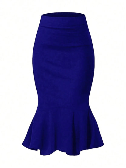 Elegant Black Mermaid Skirt, High Waist Design, Ruffled Hem, Machine Washable, Suitable For Autumn Events