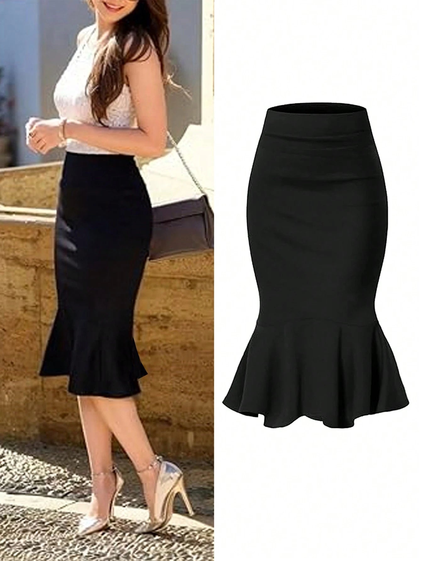 Elegant Black Mermaid Skirt, High Waist Design, Ruffled Hem, Machine Washable, Suitable For Autumn Events