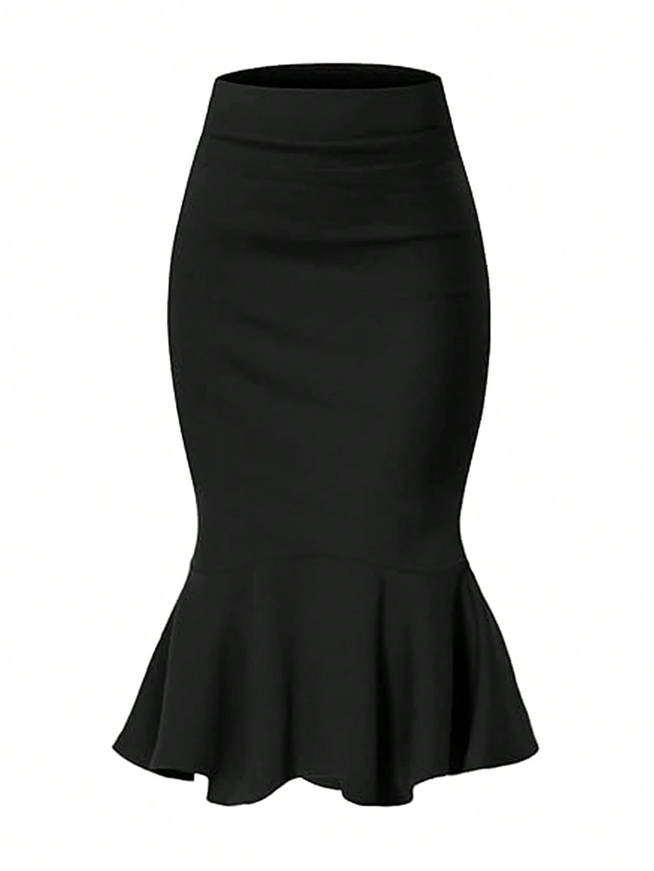 Elegant Black Mermaid Skirt, High Waist Design, Ruffled Hem, Machine Washable, Suitable For Autumn Events
