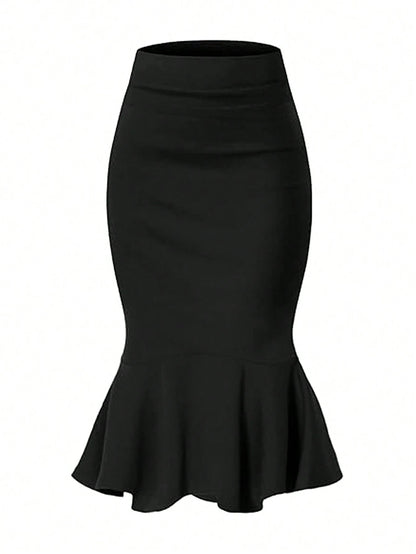 Elegant Black Mermaid Skirt, High Waist Design, Ruffled Hem, Machine Washable, Suitable For Autumn Events