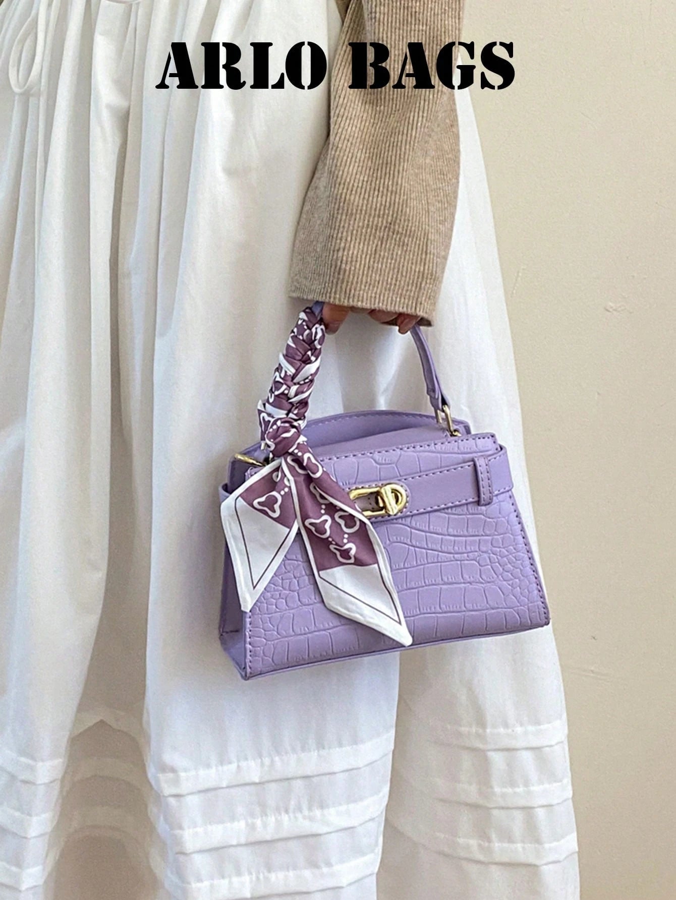 Elegant Lavender Purple PU Leather HandBag, Women's Structured Satchel With Silk Scarf Detail, Durable And Textured Material, Ideal For Commuting, Shopping And Casual Activities, Suitable For Students