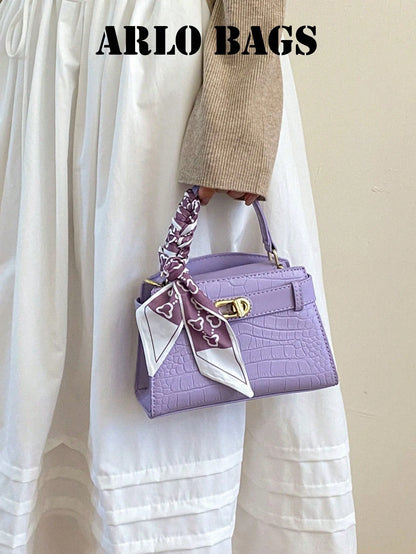 Elegant Lavender Purple PU Leather HandBag, Women's Structured Satchel With Silk Scarf Detail, Durable And Textured Material, Ideal For Commuting, Shopping And Casual Activities, Suitable For Students