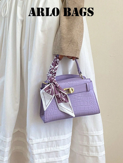 Elegant Lavender Purple PU Leather HandBag, Women's Structured Satchel With Silk Scarf Detail, Durable And Textured Material, Ideal For Commuting, Shopping And Casual Activities, Suitable For Students