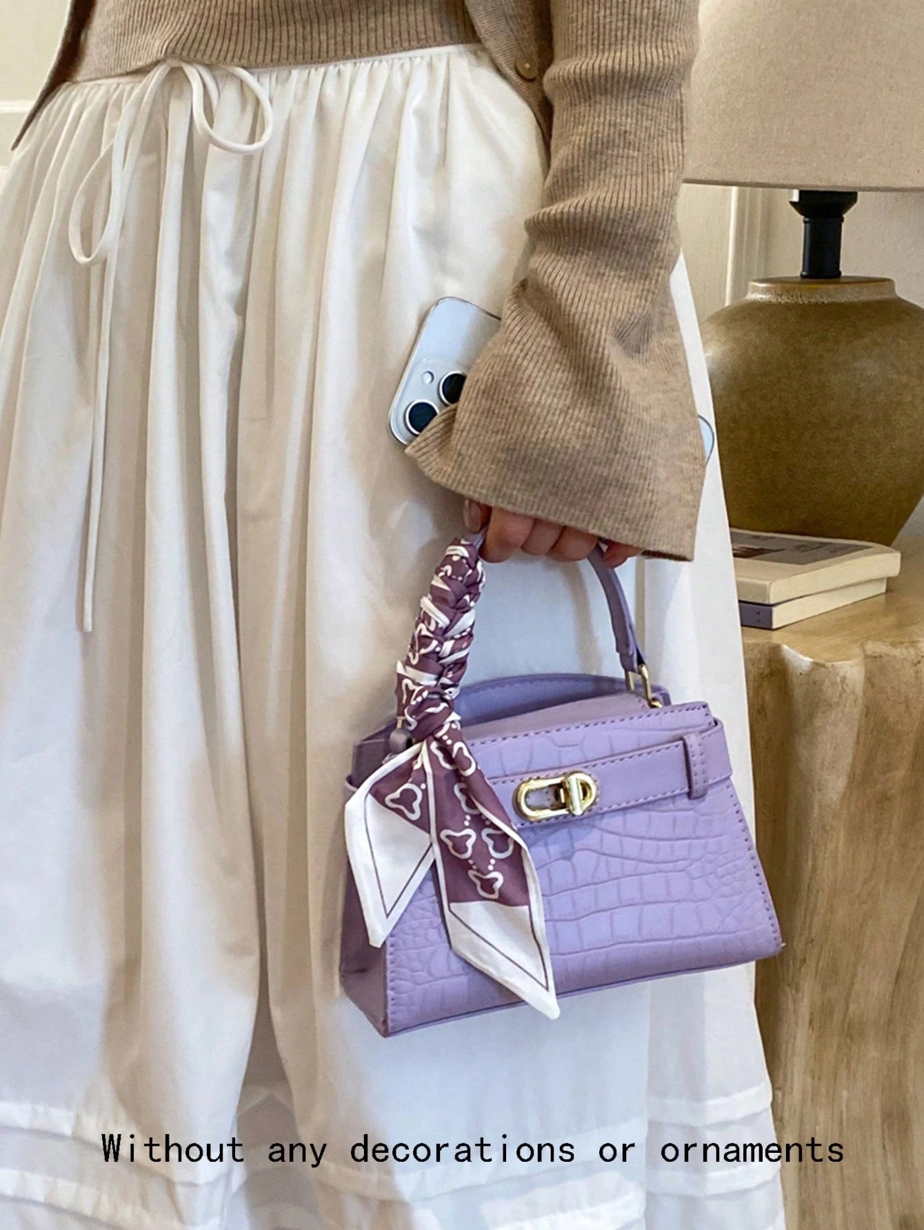 Elegant Lavender Purple PU Leather HandBag, Women's Structured Satchel With Silk Scarf Detail, Durable And Textured Material, Ideal For Commuting, Shopping And Casual Activities, Suitable For Students