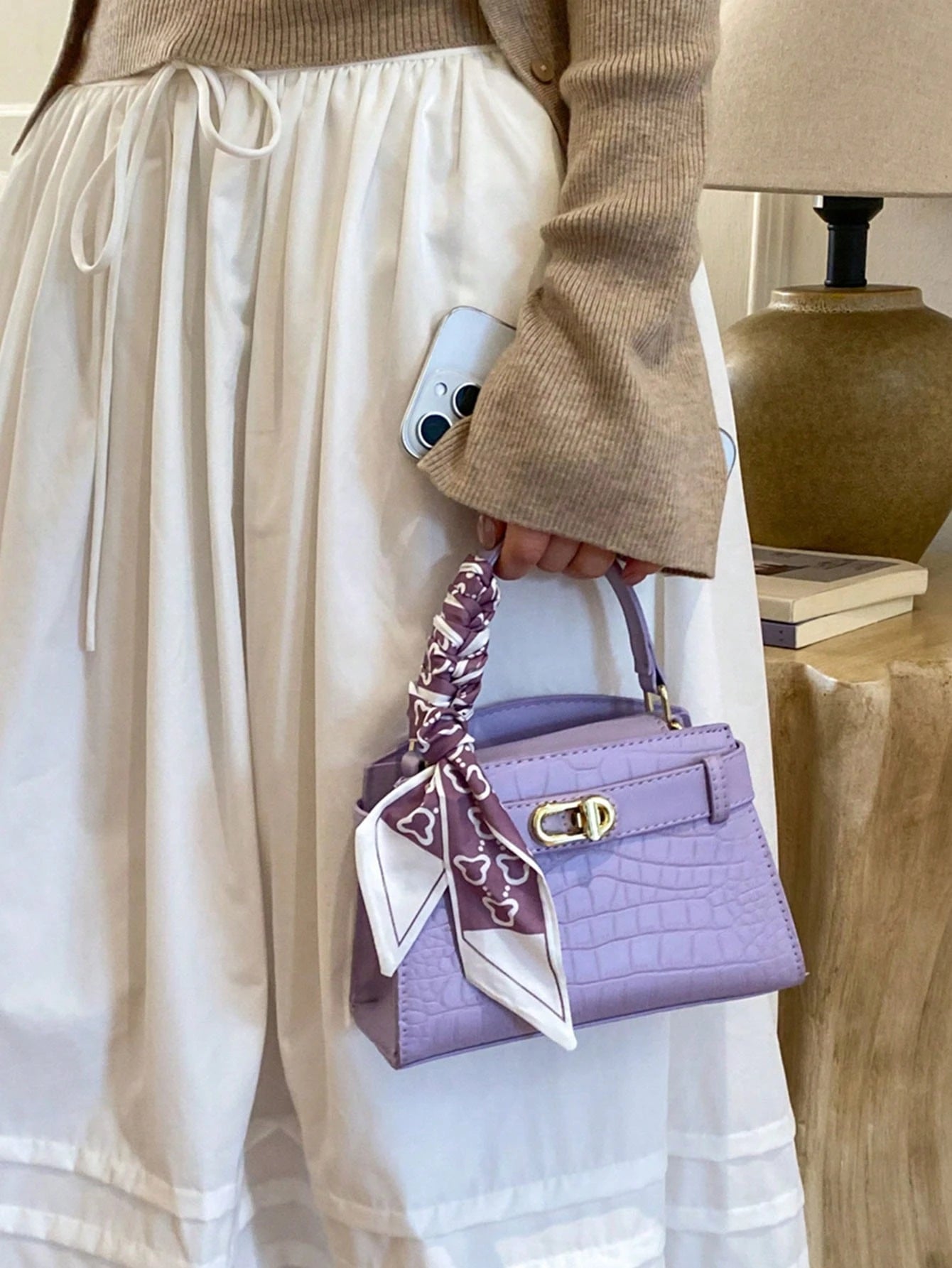 Elegant Lavender Purple PU Leather HandBag, Women's Structured Satchel With Silk Scarf Detail, Durable And Textured Material, Ideal For Commuting, Shopping And Casual Activities, Suitable For Students