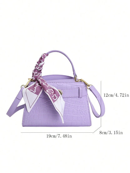Elegant Lavender Purple PU Leather HandBag, Women's Structured Satchel With Silk Scarf Detail, Durable And Textured Material, Ideal For Commuting, Shopping And Casual Activities, Suitable For Students