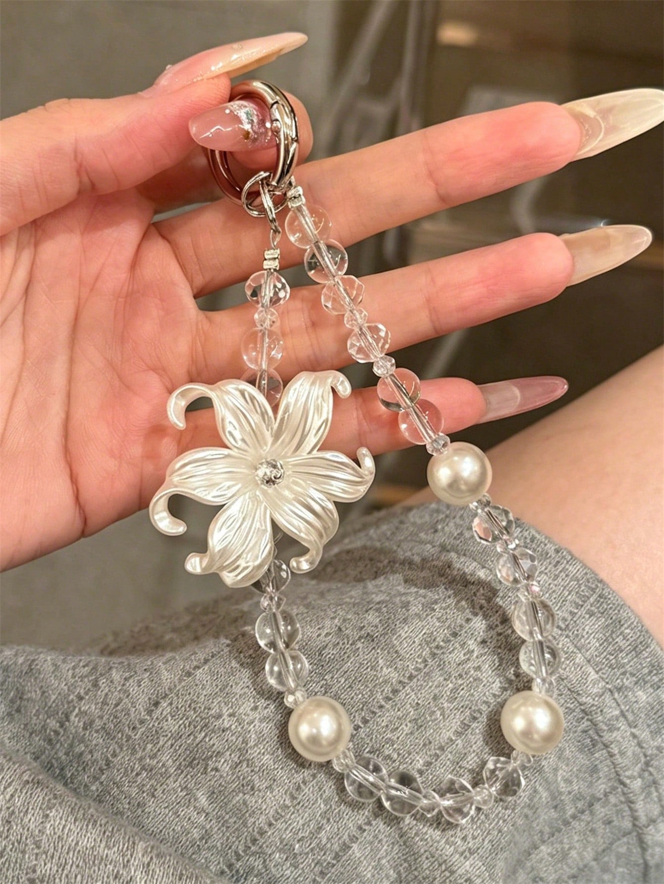 Elegant Luxury Lily Flower Pearl Phone Lanyard, Minimalist Transparent Beaded Wrist Strap, Universal Women Gift Accessory