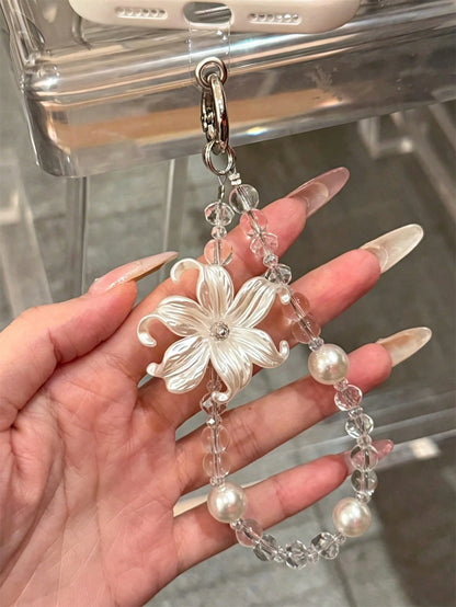 Elegant Luxury Lily Flower Pearl Phone Lanyard, Minimalist Transparent Beaded Wrist Strap, Universal Women Gift Accessory