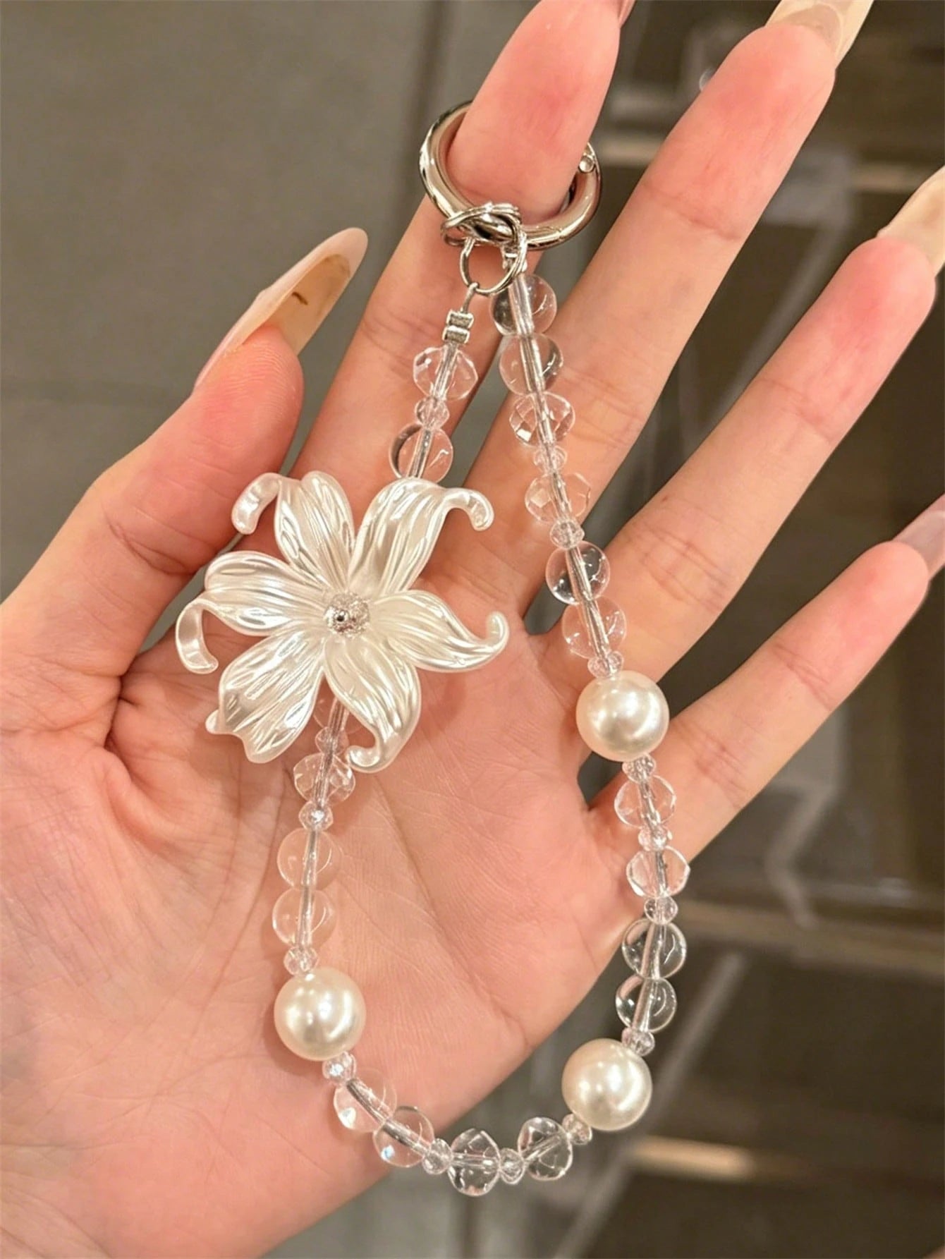 Elegant Luxury Lily Flower Pearl Phone Lanyard, Minimalist Transparent Beaded Wrist Strap, Universal Women Gift Accessory