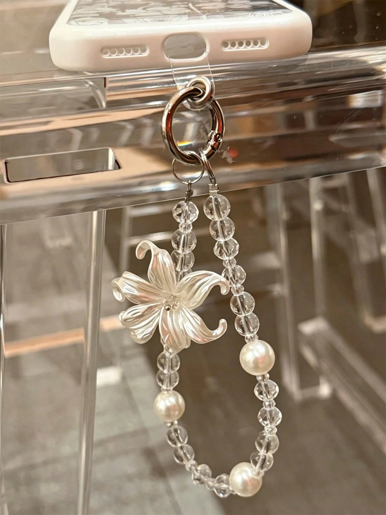 Elegant Luxury Lily Flower Pearl Phone Lanyard, Minimalist Transparent Beaded Wrist Strap, Universal Women Gift Accessory