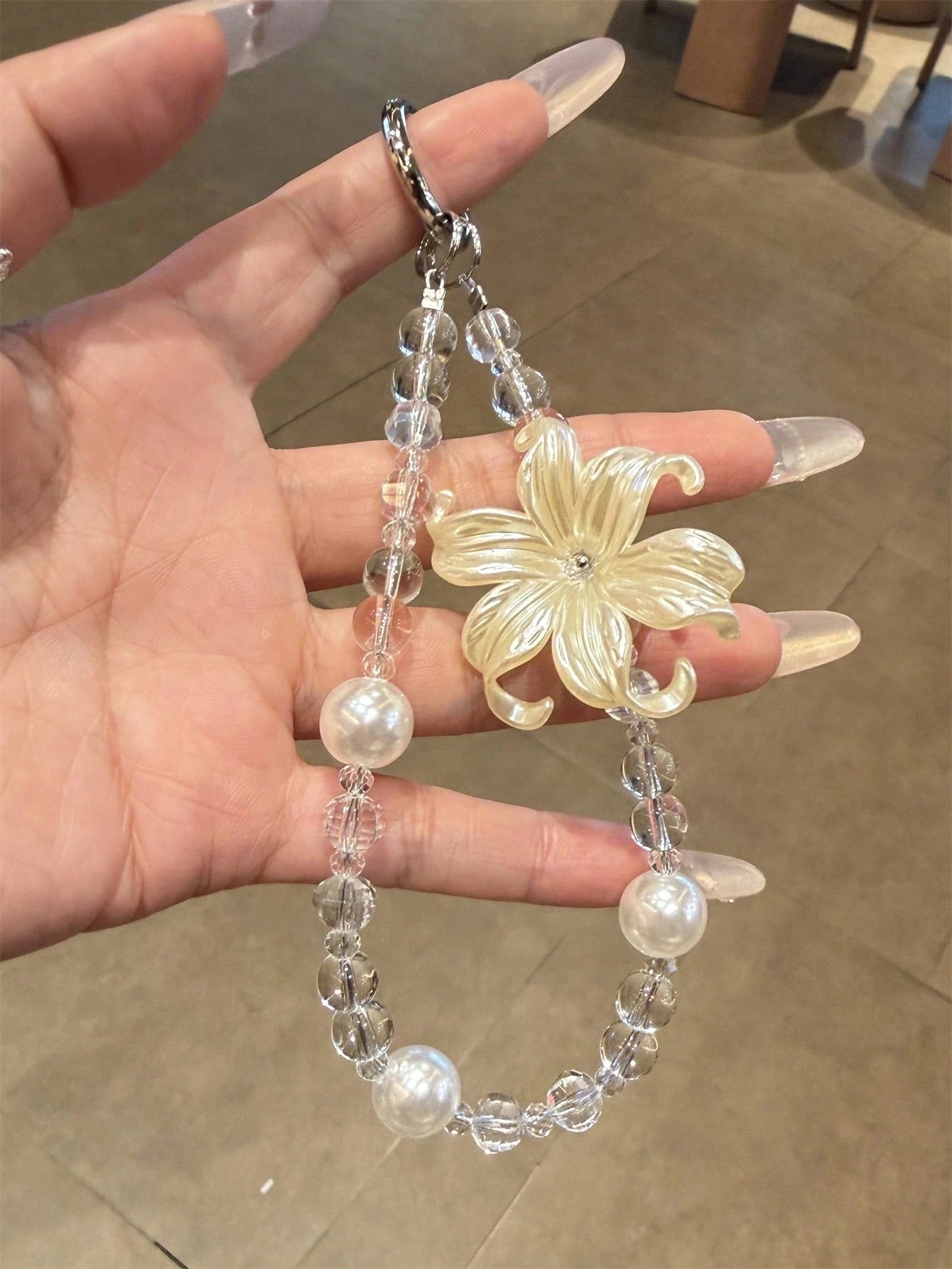 Elegant Luxury Lily Flower Pearl Phone Lanyard, Minimalist Transparent Beaded Wrist Strap, Universal Women Gift Accessory