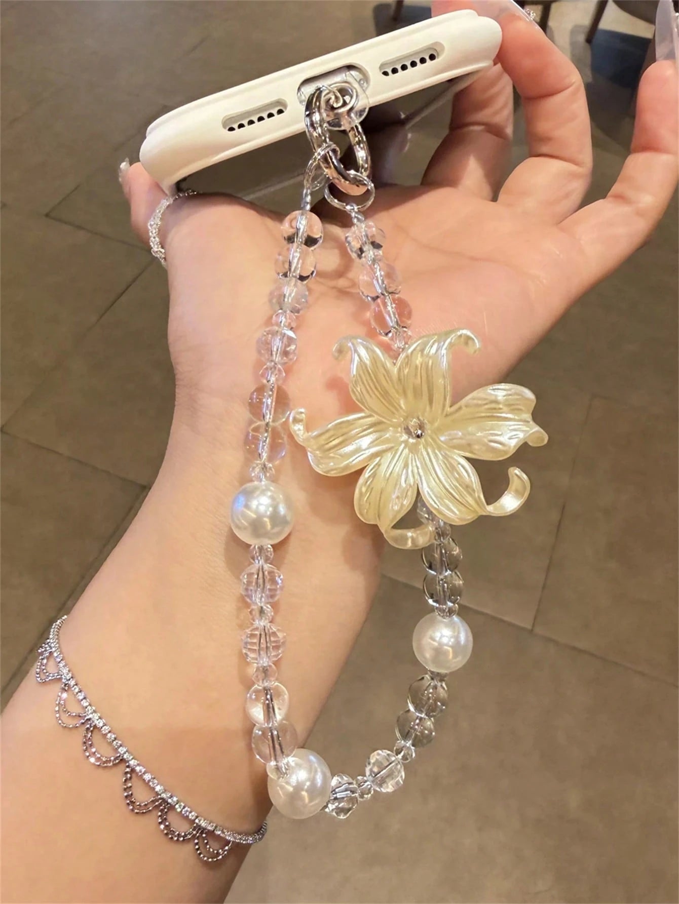 Elegant Luxury Lily Flower Pearl Phone Lanyard, Minimalist Transparent Beaded Wrist Strap, Universal Women Gift Accessory