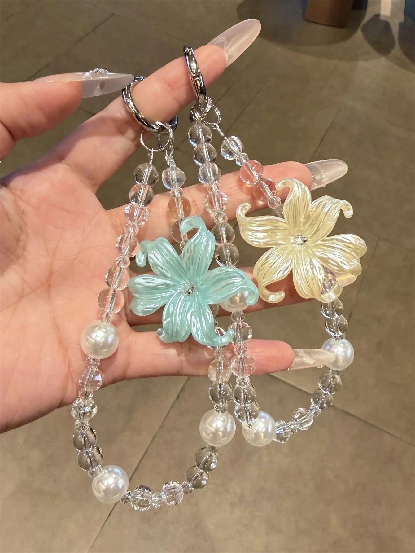 Elegant Luxury Lily Flower Pearl Phone Lanyard, Minimalist Transparent Beaded Wrist Strap, Universal Women Gift Accessory