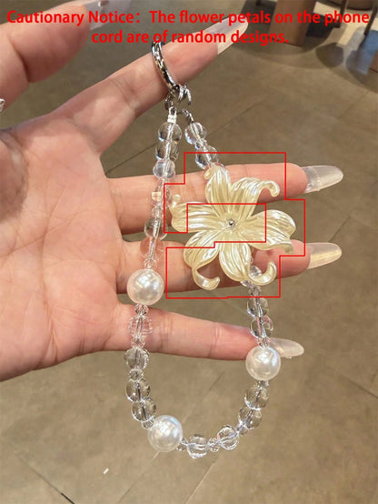 Elegant Luxury Lily Flower Pearl Phone Lanyard, Minimalist Transparent Beaded Wrist Strap, Universal Women Gift Accessory