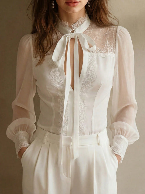 Elegant Professional Women's White Long Sleeve Blouse, Lace Trim Bow Collar, Non-Stretch Top, Business Casual Office Lady Shirt (YY1194)
