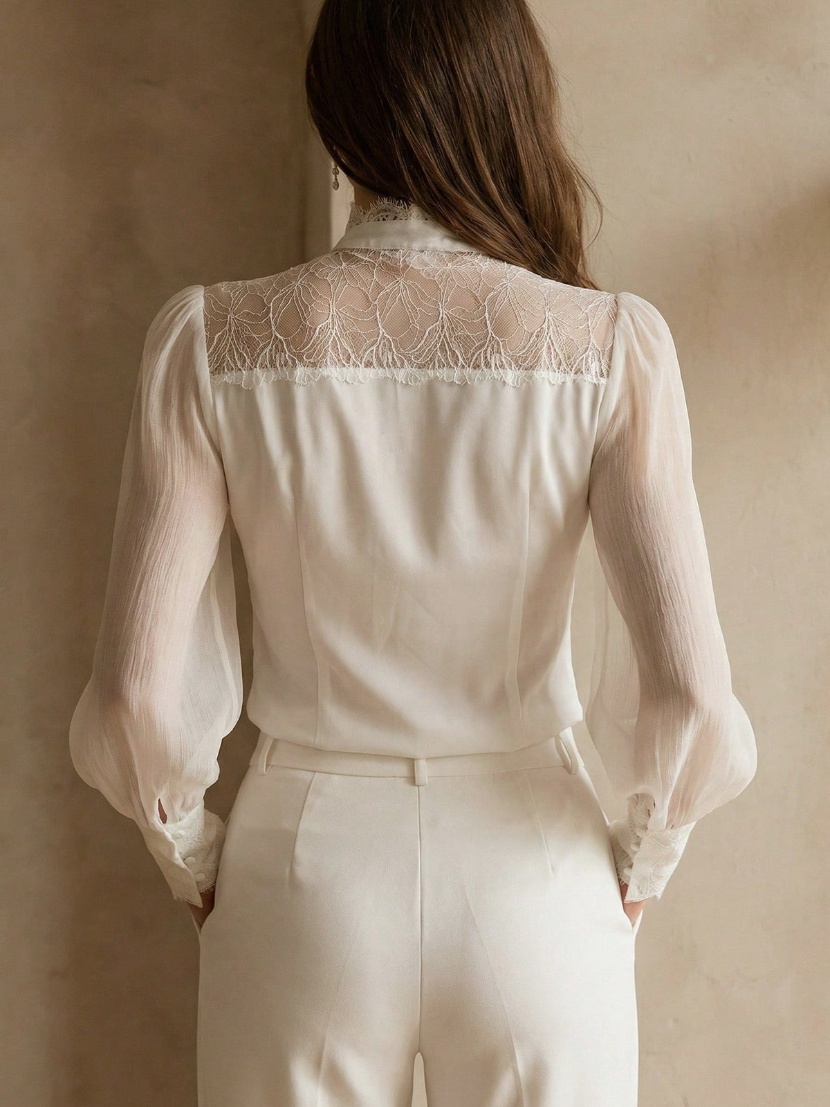 Elegant Professional Women's White Long Sleeve Blouse, Lace Trim Bow Collar, Non-Stretch Top, Business Casual Office Lady Shirt (YY1194)
