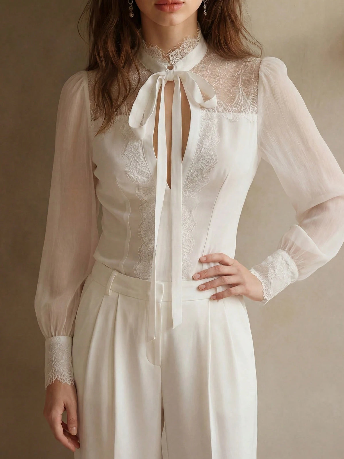 Elegant Professional Women's White Long Sleeve Blouse, Lace Trim Bow Collar, Non-Stretch Top, Business Casual Office Lady Shirt (YY1194)