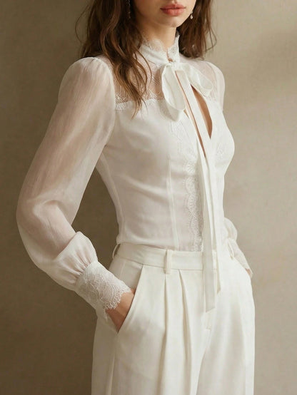 Elegant Professional Women's White Long Sleeve Blouse, Lace Trim Bow Collar, Non-Stretch Top, Business Casual Office Lady Shirt (YY1194)