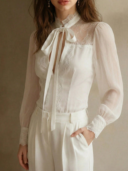 Elegant Professional Women's White Long Sleeve Blouse, Lace Trim Bow Collar, Non-Stretch Top, Business Casual Office Lady Shirt (YY1194)
