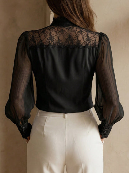 Elegant Professional Women's White Long Sleeve Blouse, Lace Trim Bow Collar, Non-Stretch Top, Business Casual Office Lady Shirt (YY1194)