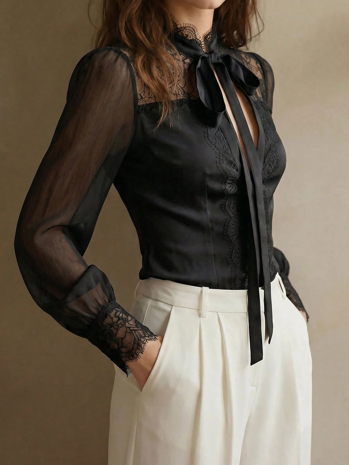Elegant Professional Women's White Long Sleeve Blouse, Lace Trim Bow Collar, Non-Stretch Top, Business Casual Office Lady Shirt (YY1194)