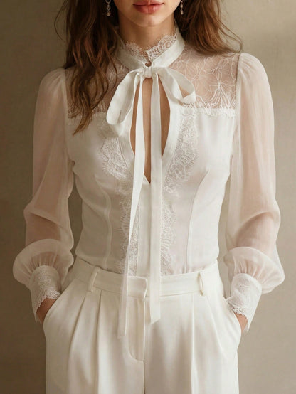 Elegant Professional Women's White Long Sleeve Blouse, Lace Trim Bow Collar, Non-Stretch Top, Business Casual Office Lady Shirt (YY1194)