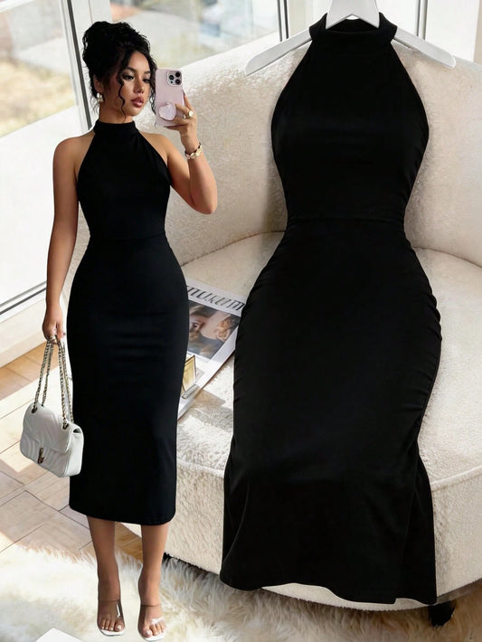 Elegant Solid Color Sexy Women's Off-Shoulder Summer Dress, Suitable For Daily Wear, Dating, Party, Vacation, Business Office Occasions Black