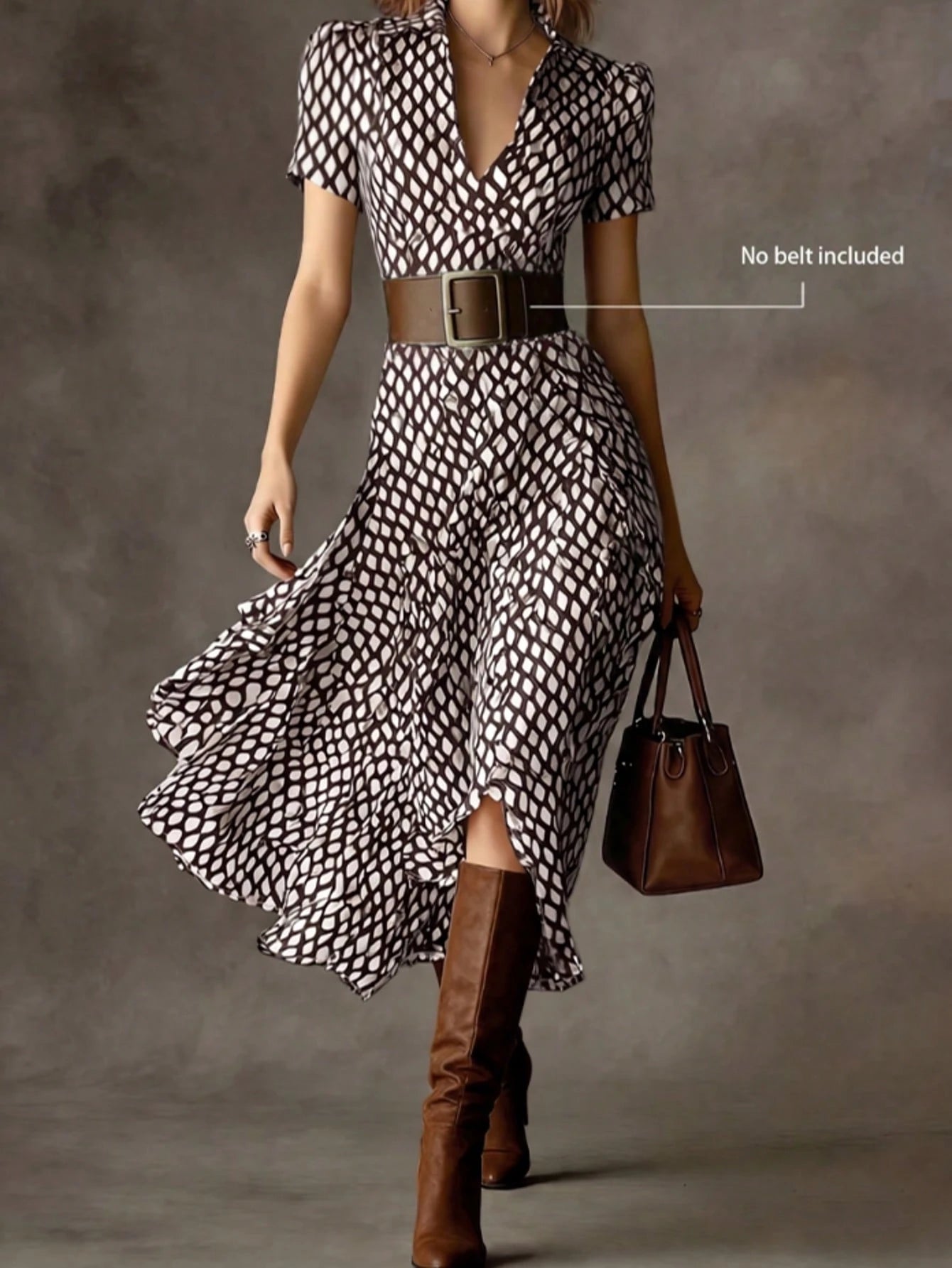 Elegant Women's A-Line V-Neck Short Sleeve Flared Midi Dress, Fashionable Choice For Spring, Summer And Autumn, Premium Ladies Dress Vacation Brown
