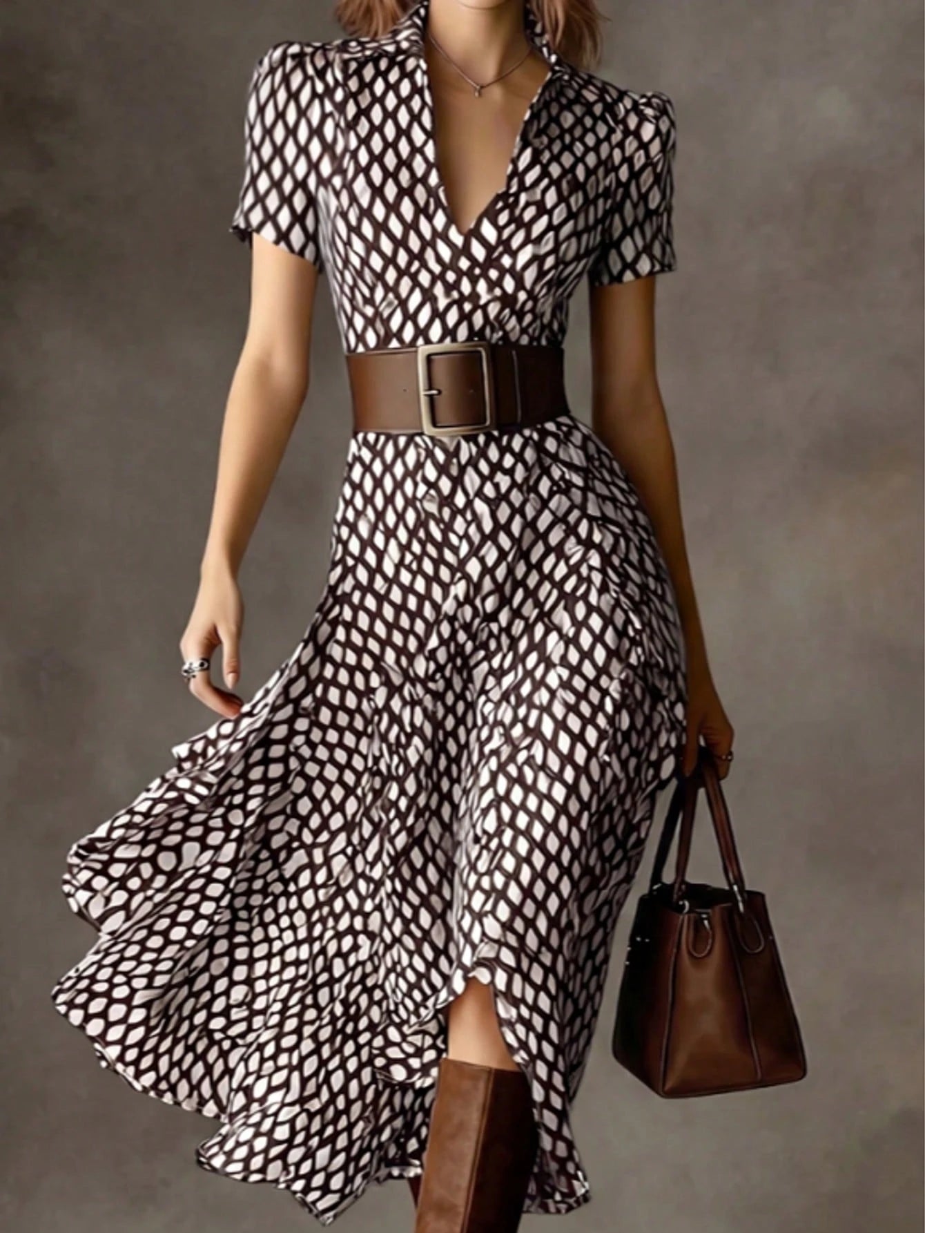 Elegant Women's A-Line V-Neck Short Sleeve Flared Midi Dress, Fashionable Choice For Spring, Summer And Autumn, Premium Ladies Dress Vacation Brown