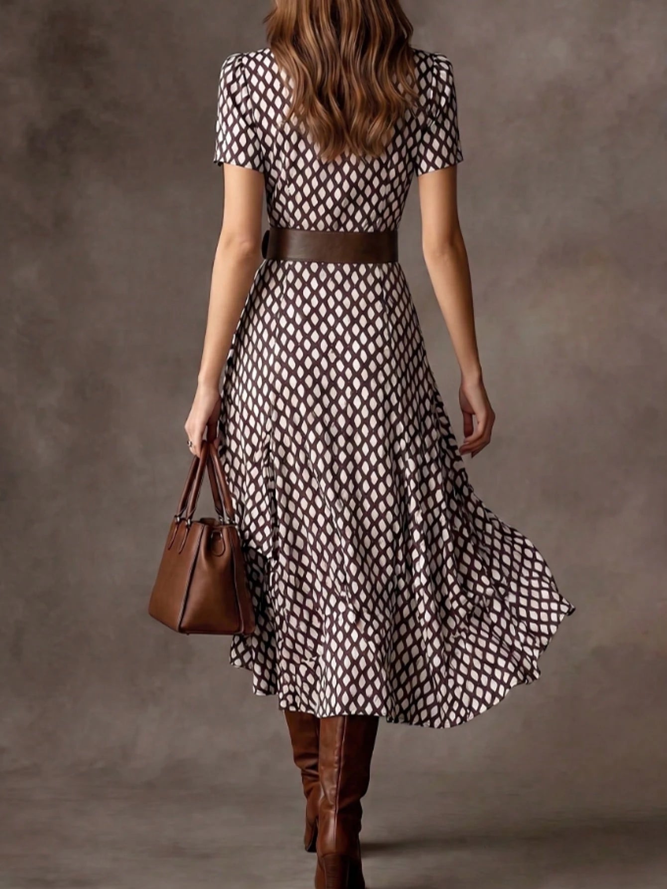 Elegant Women's A-Line V-Neck Short Sleeve Flared Midi Dress, Fashionable Choice For Spring, Summer And Autumn, Premium Ladies Dress Vacation Brown