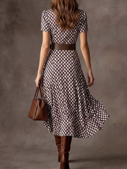 Elegant Women's A-Line V-Neck Short Sleeve Flared Midi Dress, Fashionable Choice For Spring, Summer And Autumn, Premium Ladies Dress Vacation Brown