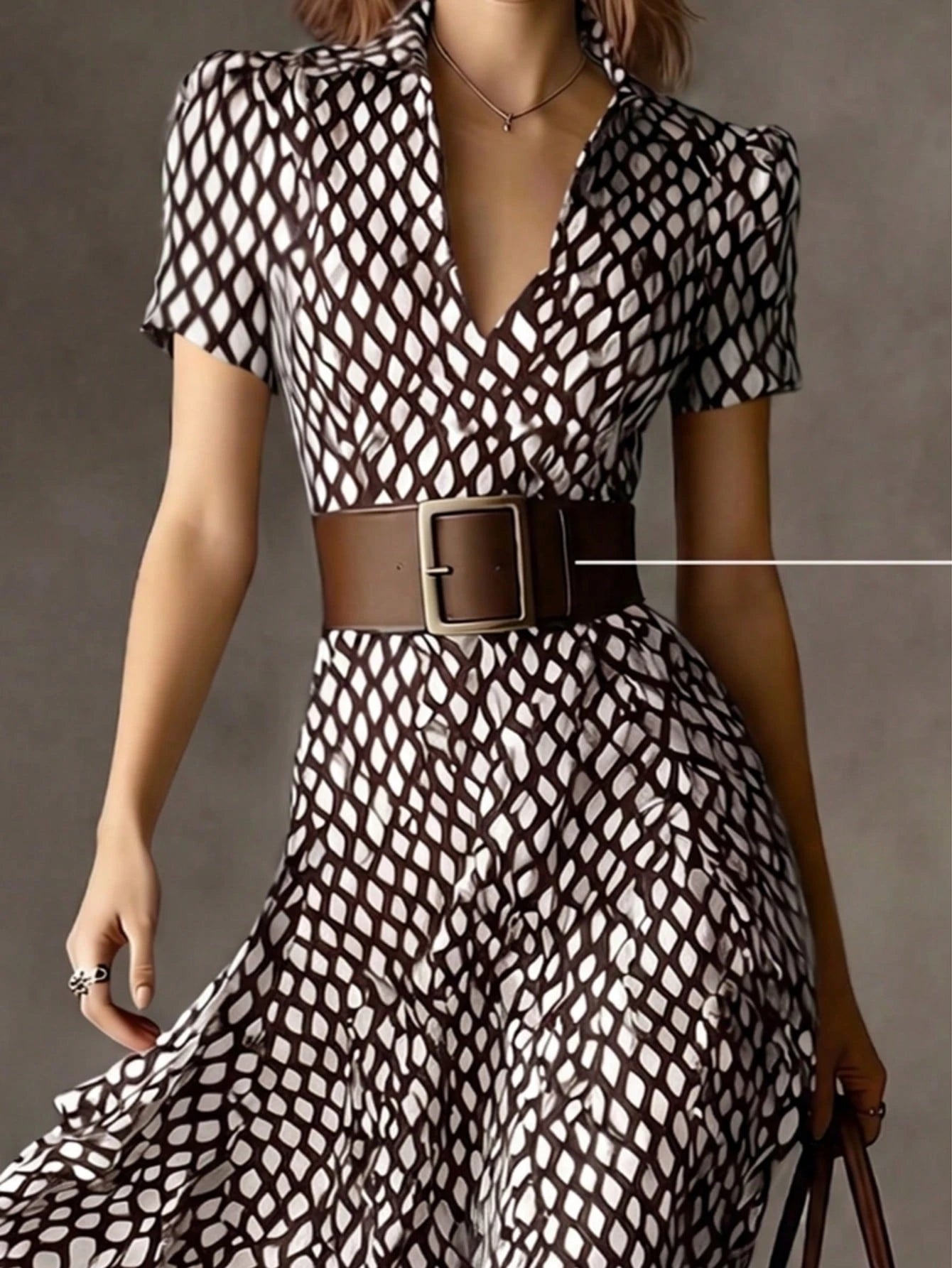 Elegant Women's A-Line V-Neck Short Sleeve Flared Midi Dress, Fashionable Choice For Spring, Summer And Autumn, Premium Ladies Dress Vacation Brown