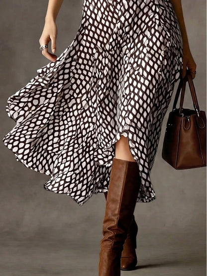 Elegant Women's A-Line V-Neck Short Sleeve Flared Midi Dress, Fashionable Choice For Spring, Summer And Autumn, Premium Ladies Dress Vacation Brown