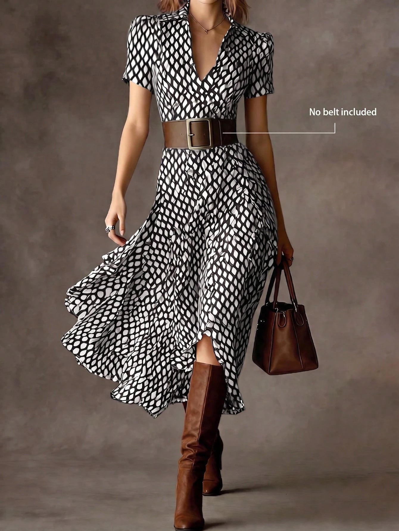 Elegant Women's A-Line V-Neck Short Sleeve Flared Midi Dress, Fashionable Choice For Spring, Summer And Autumn, Premium Ladies Dress Vacation Brown