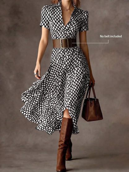 Elegant Women's A-Line V-Neck Short Sleeve Flared Midi Dress, Fashionable Choice For Spring, Summer And Autumn, Premium Ladies Dress Vacation Brown