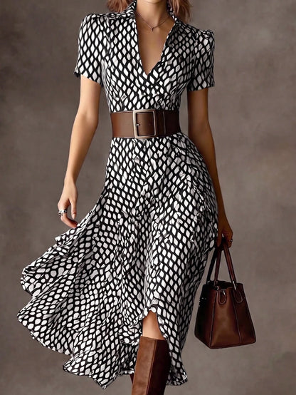 Elegant Women's A-Line V-Neck Short Sleeve Flared Midi Dress, Fashionable Choice For Spring, Summer And Autumn, Premium Ladies Dress Vacation Brown