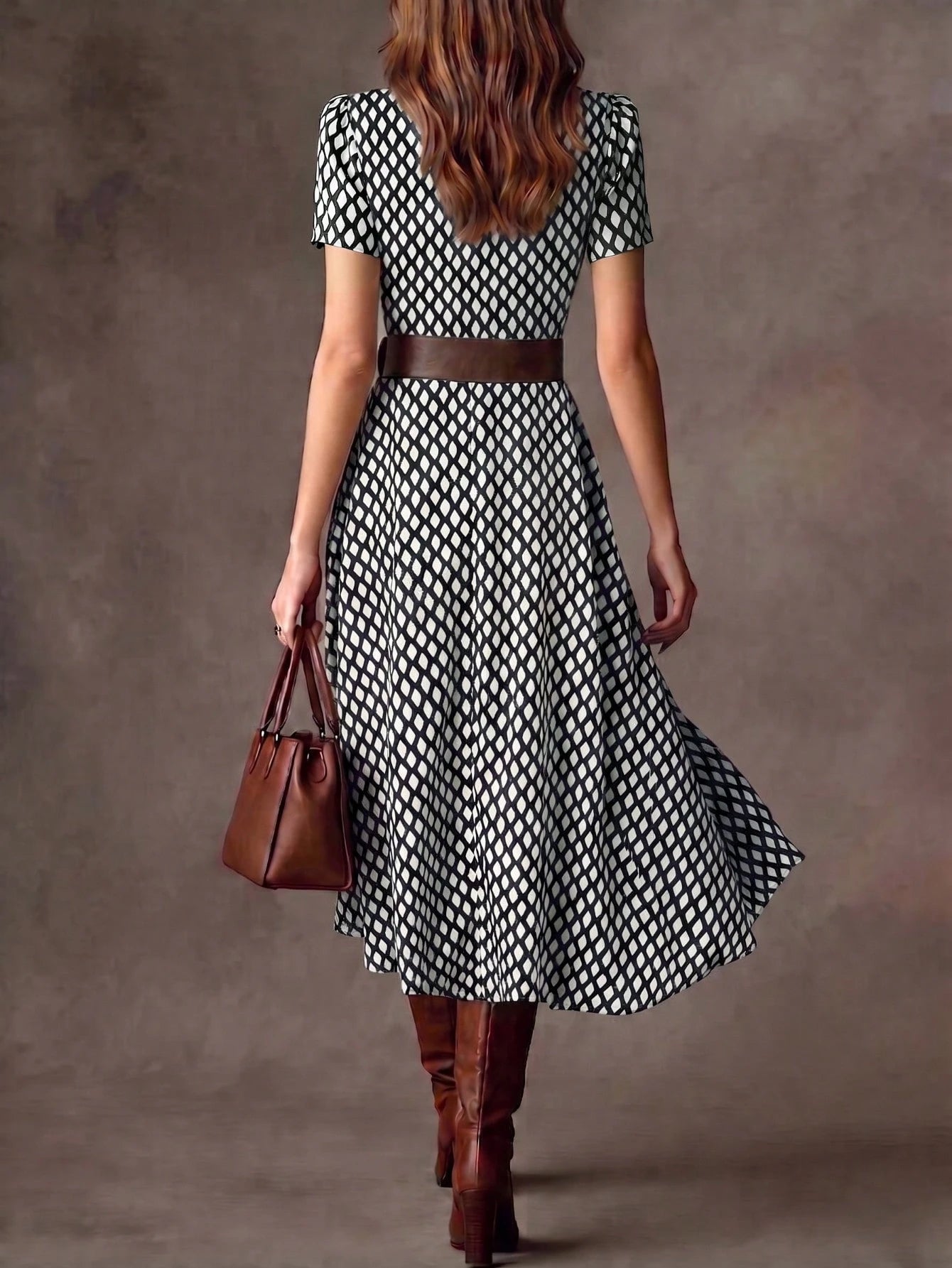 Elegant Women's A-Line V-Neck Short Sleeve Flared Midi Dress, Fashionable Choice For Spring, Summer And Autumn, Premium Ladies Dress Vacation Brown