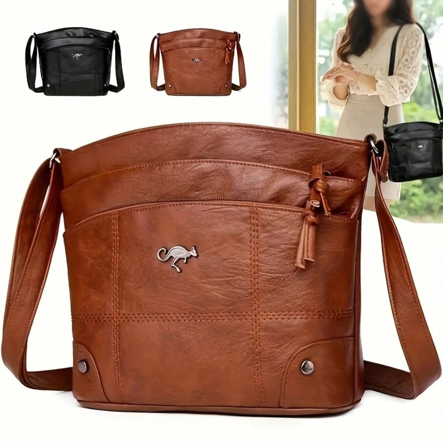 Elegant Women'S Crossbody Bag In Solid Color With Adjustable Strap, Large Capacity, Multiple Pockets, Lightweight Stitched Design, Zip Closure, Polyester Lining, Available In Black, Brown, And Dark Br