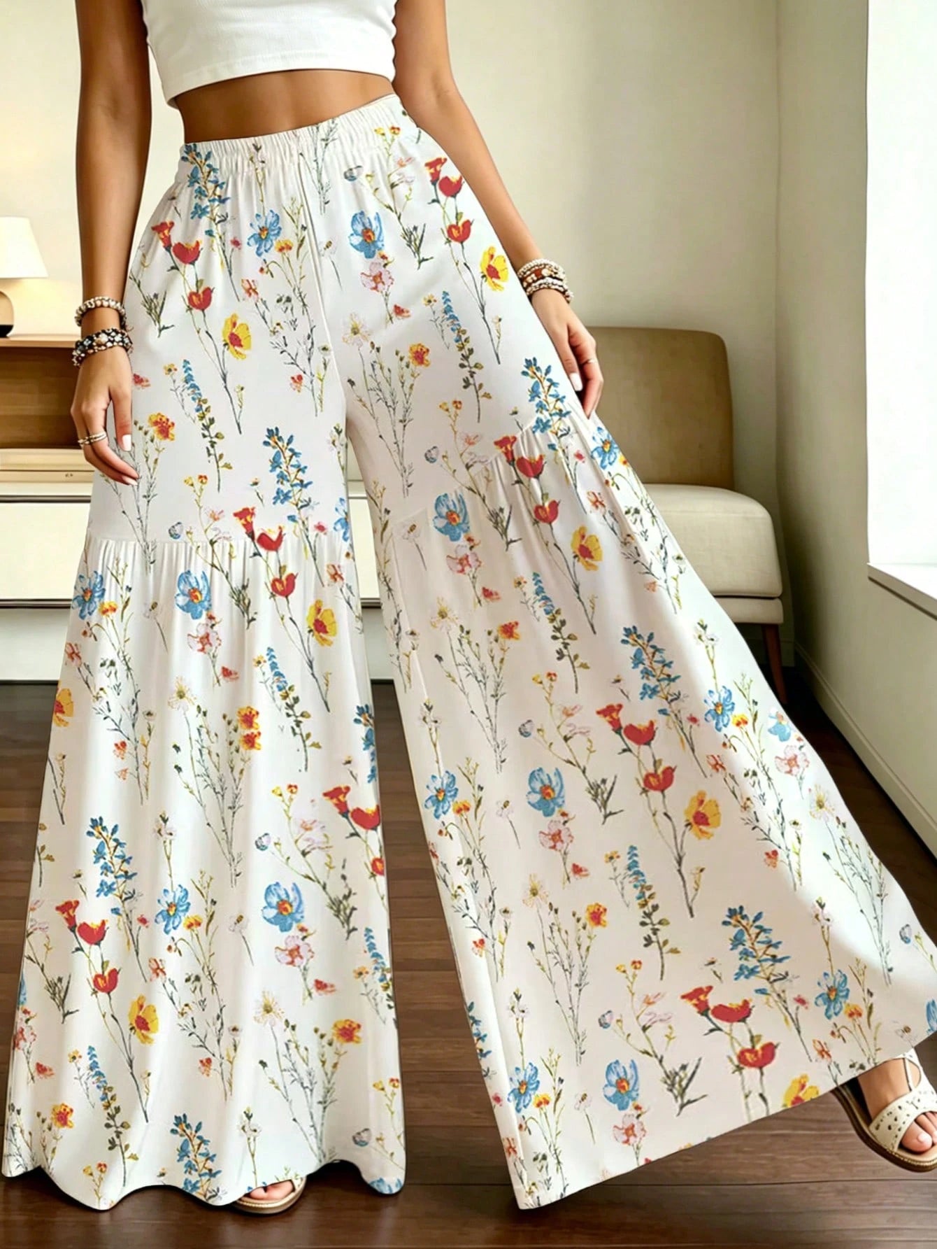 Elegant Women's Lightweight Printed Wide Leg Pants, Comfortable Loose Fit, Suitable For All Seasons Vacation