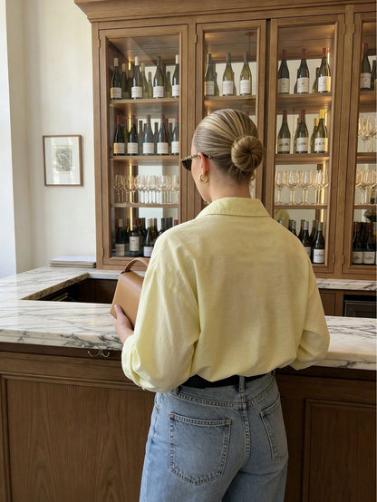 Elegant Women's Loose Fit Yellow Long Sleeve Shirt, Collared Casual Blouse Suitable For Daily Work, Office, Brunch, Vacation Spring